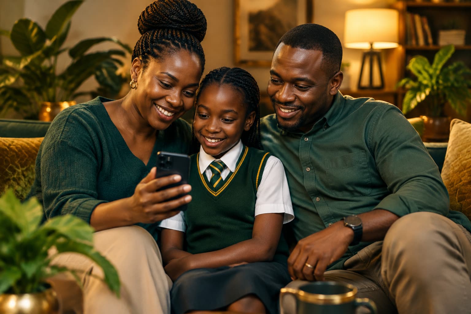 Ugandan family at home looking at a phone